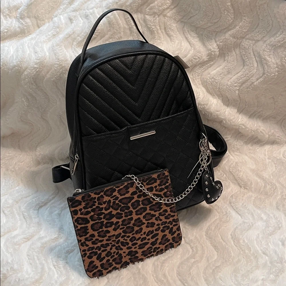 NWT Vegan Leather Quilted Backpack w/Leopard Insert & Heart Keychain